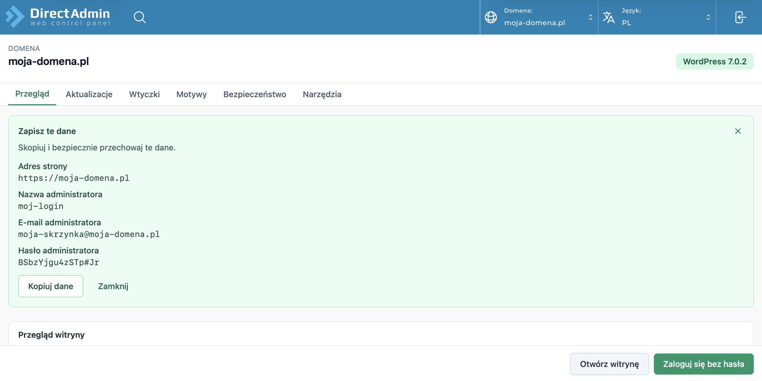 Ekran po instalacji WordPress