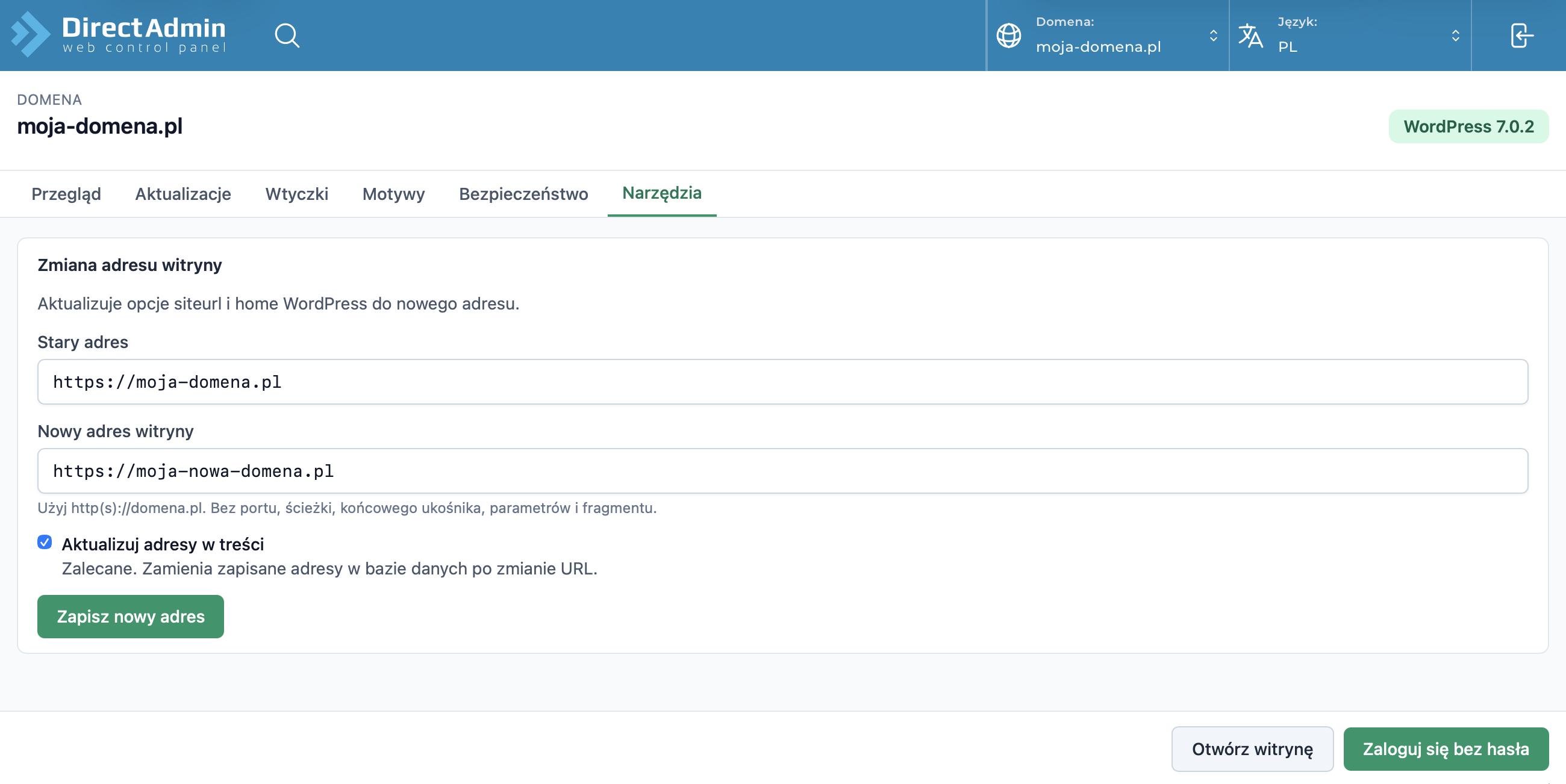 Zmiana adresu WordPress